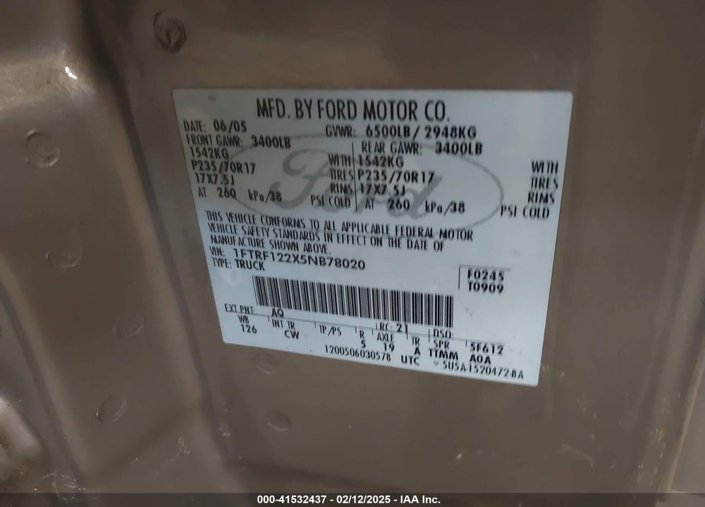 2005 FORD F-150 STX/XL/XLT VIN: 1FTRF122X5NB78020