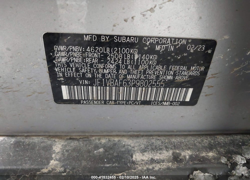 2023 SUBARU WRX PREMIUM VIN: JF1VBAF63P9802555