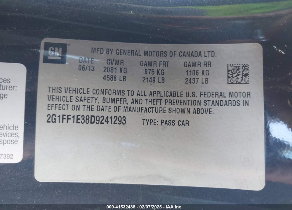 2013 CHEVROLET CAMARO VIN: 2G1FF1E38D9241293