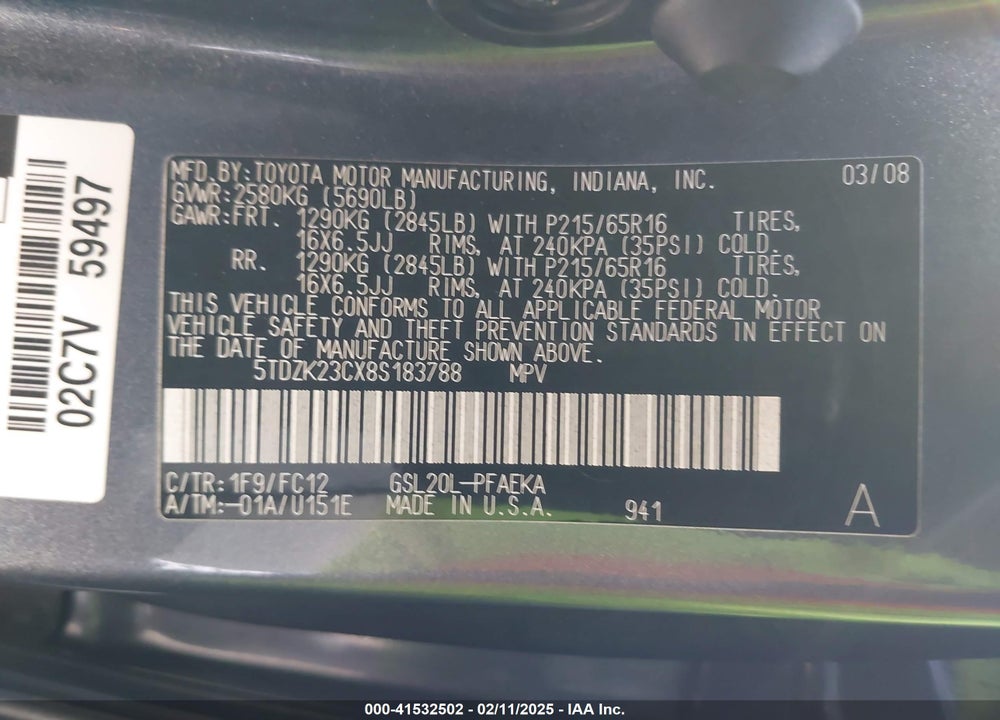 2008 TOYOTA SIENNA VIN: 5TDZK23CX8S183788