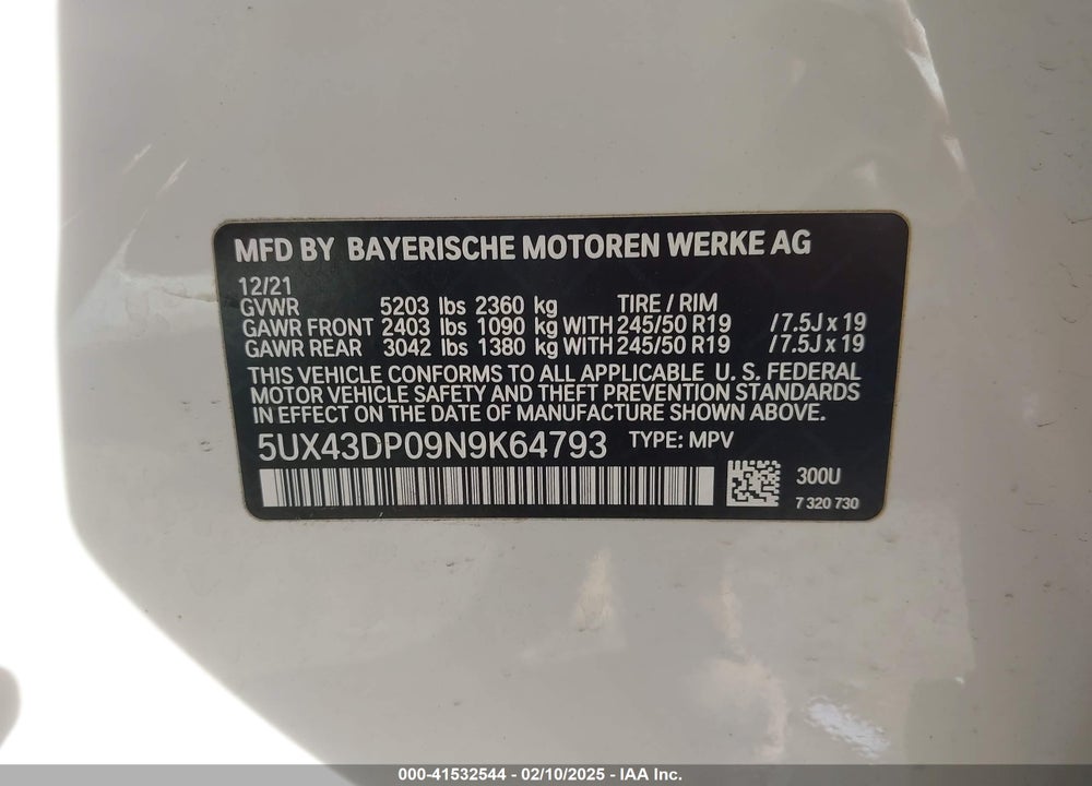 2022 BMW X3 VIN: 5UX43DP09N9K64793