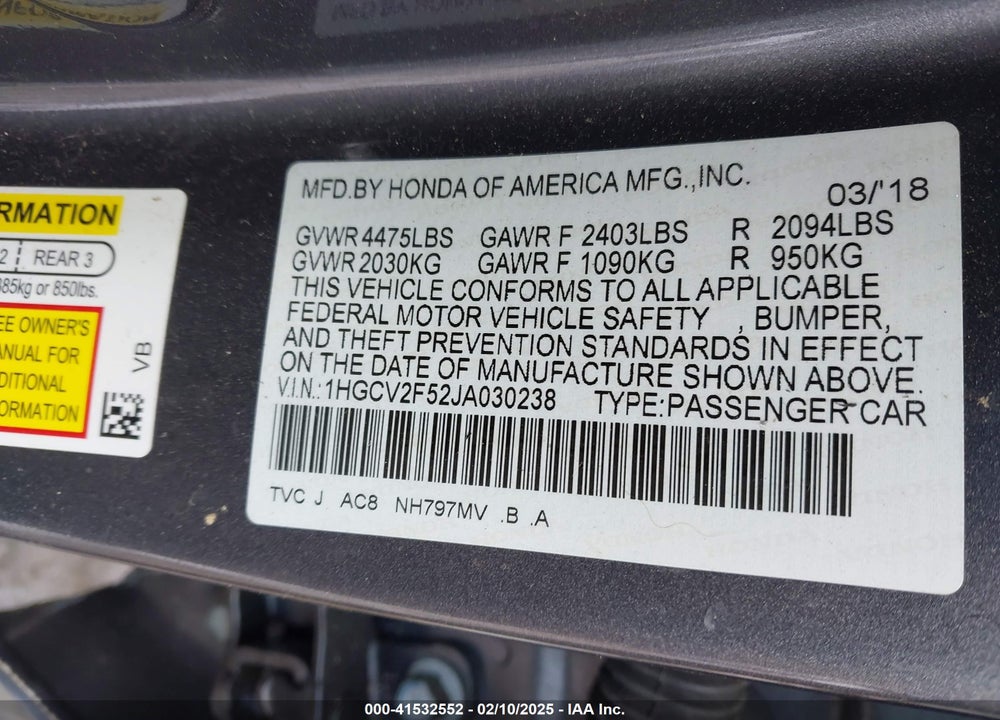 2018 HONDA ACCORD VIN: 1HGCV2F52JA030238