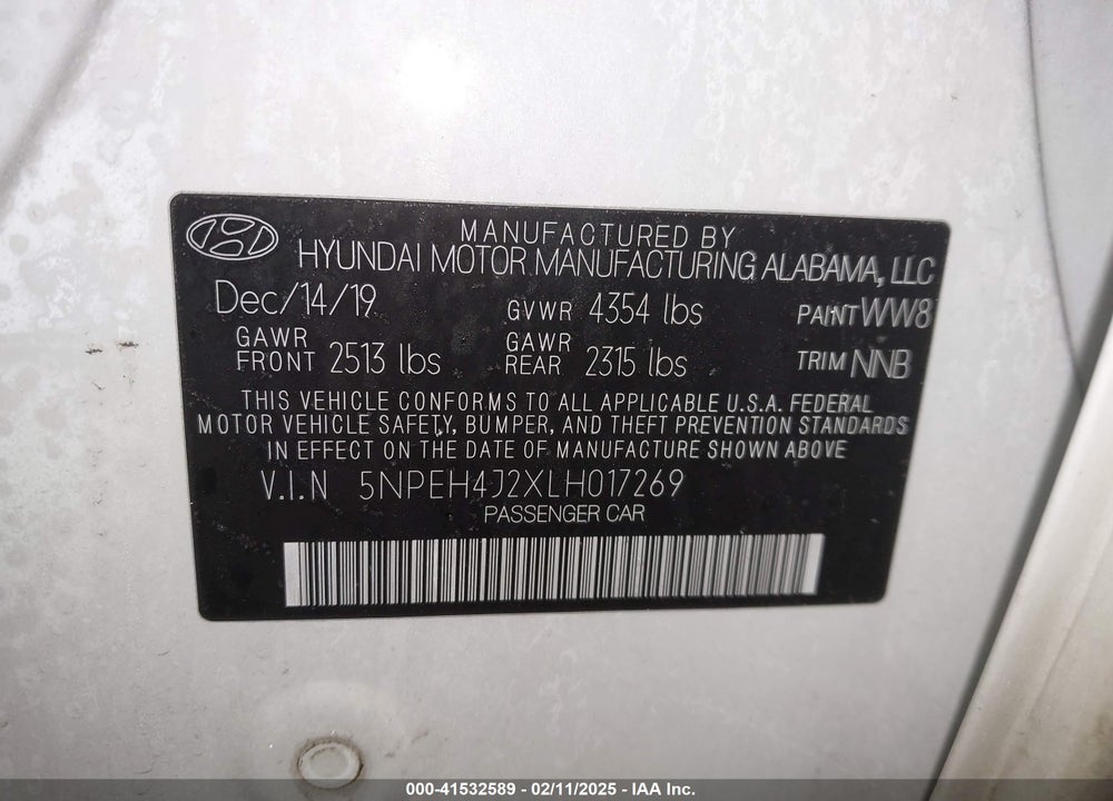 2020 HYUNDAI SONATA VIN: 5NPEH4J2XLH017269
