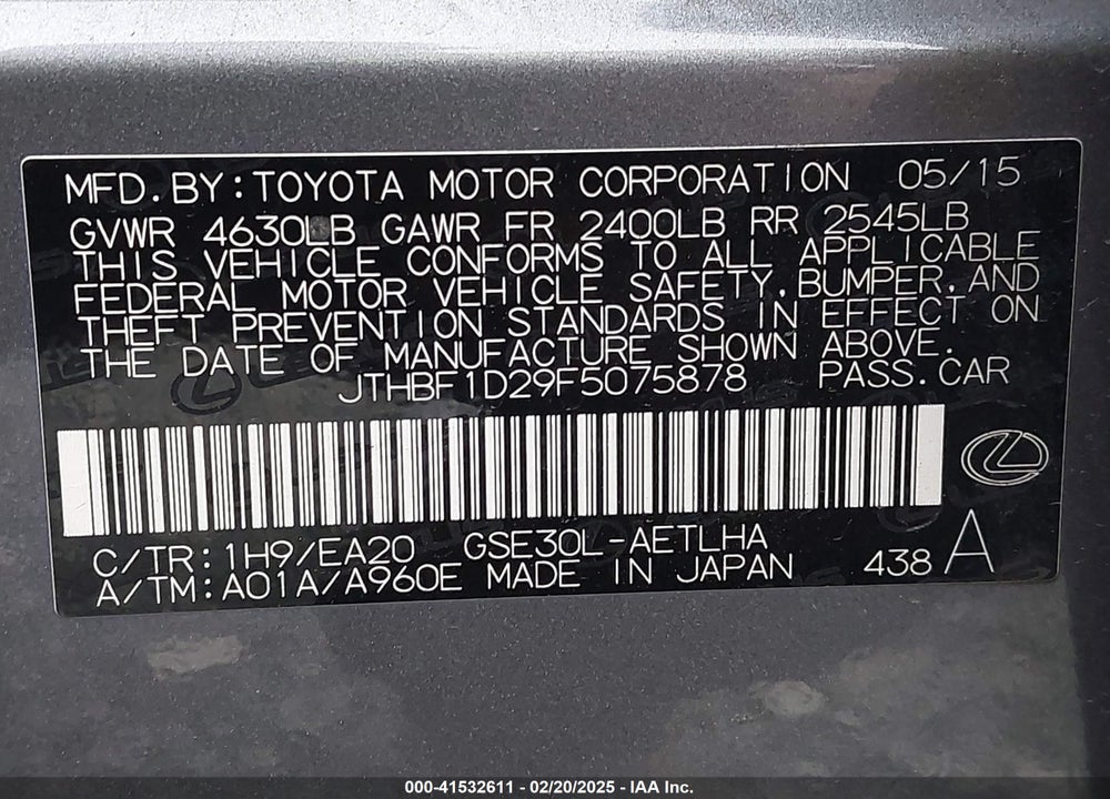 2015 LEXUS IS 250 VIN: JTHBF1D29F5075878