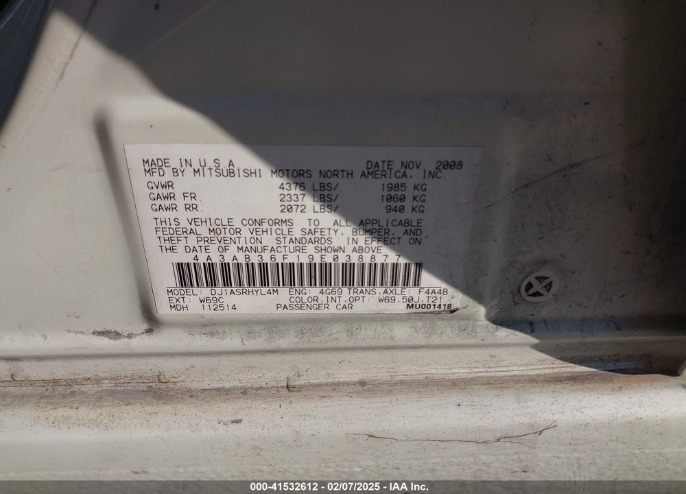 2009 MITSUBISHI GALANT VIN: 4A3AB36F19E038877