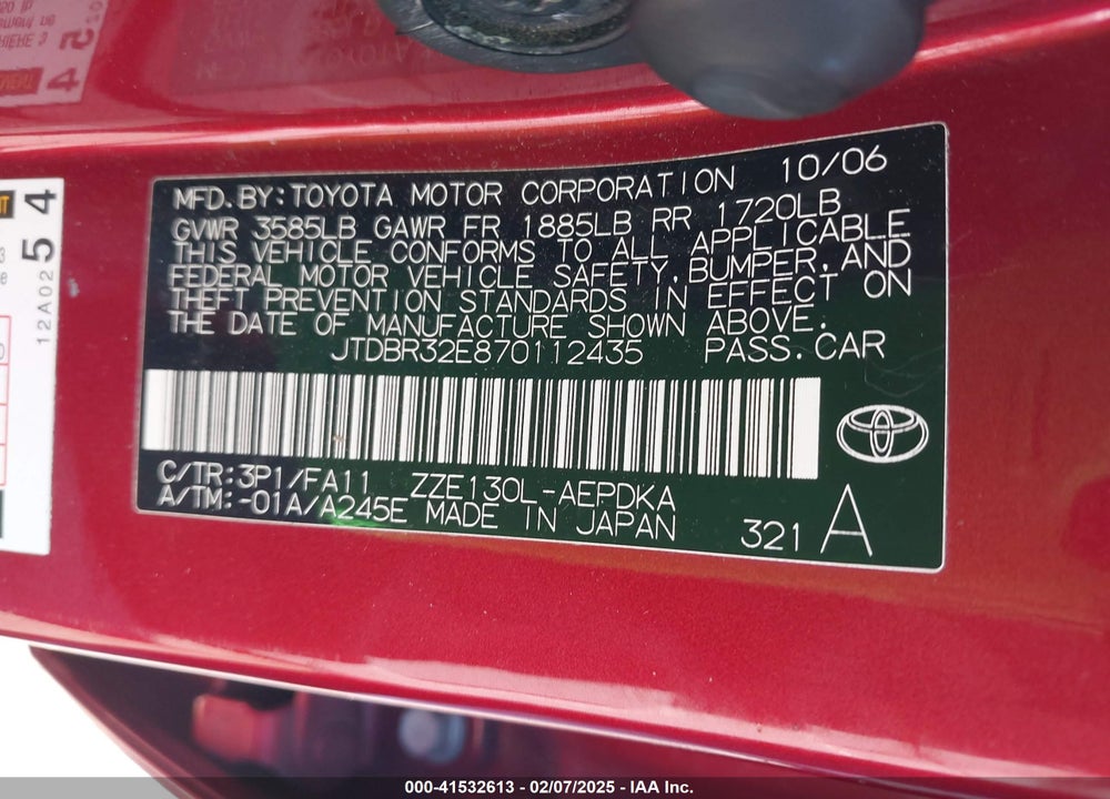 2007 TOYOTA COROLLA CE VIN: JTDBR32E870112435