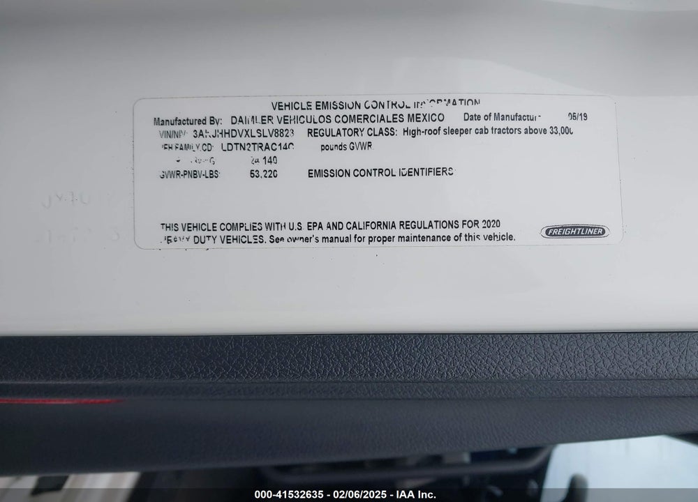 2020 FREIGHTLINER NEW CASCADIA 126 VIN: 3AKJHHDVXLSLV8823