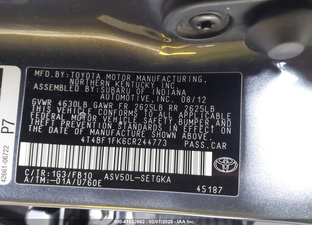 2012 TOYOTA CAMRY VIN: 4T4BF1FK6CR244773