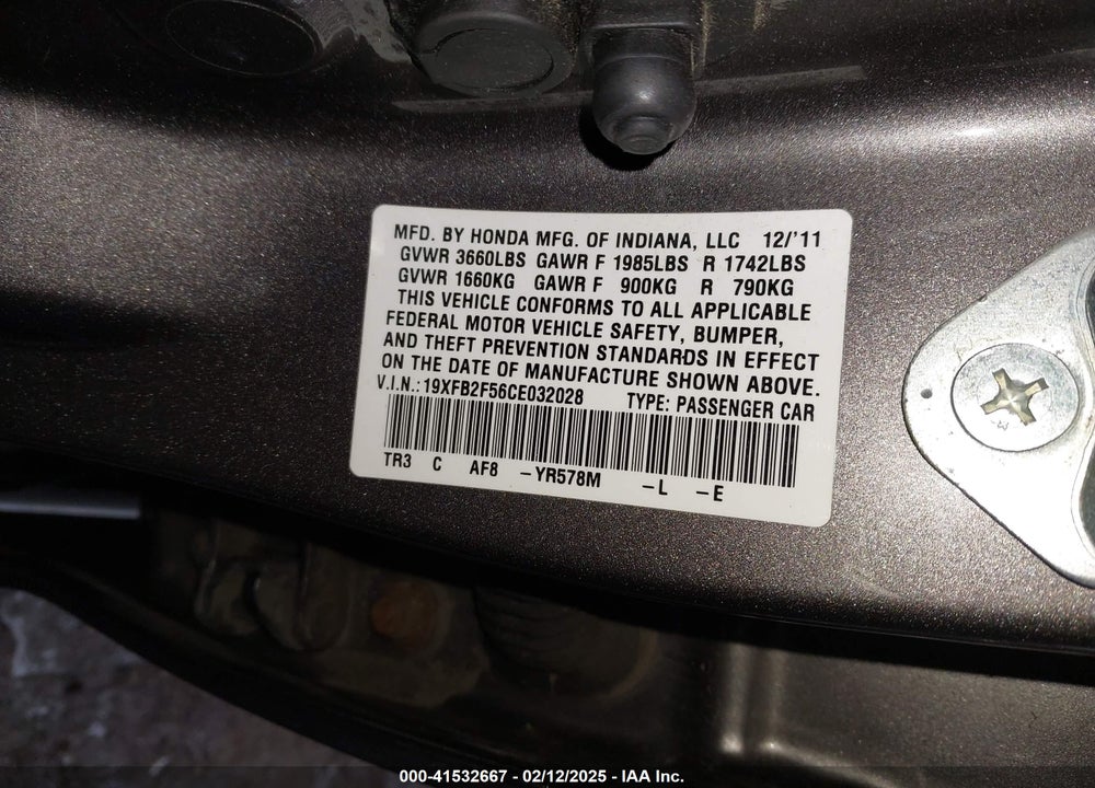2012 HONDA CIVIC VIN: 19XFB2F56CE032028