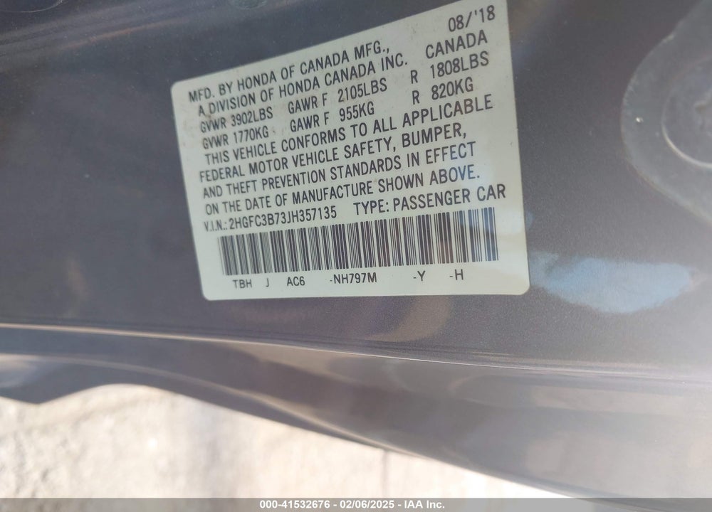 2018 HONDA CIVIC VIN: 2HGFC3B73JH357135