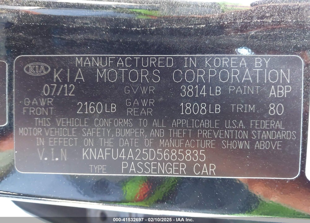 2013 KIA FORTE VIN: KNAFU4A25D5685835