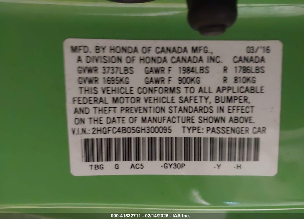 2016 HONDA CIVIC VIN: 2HGFC4B05GH300095