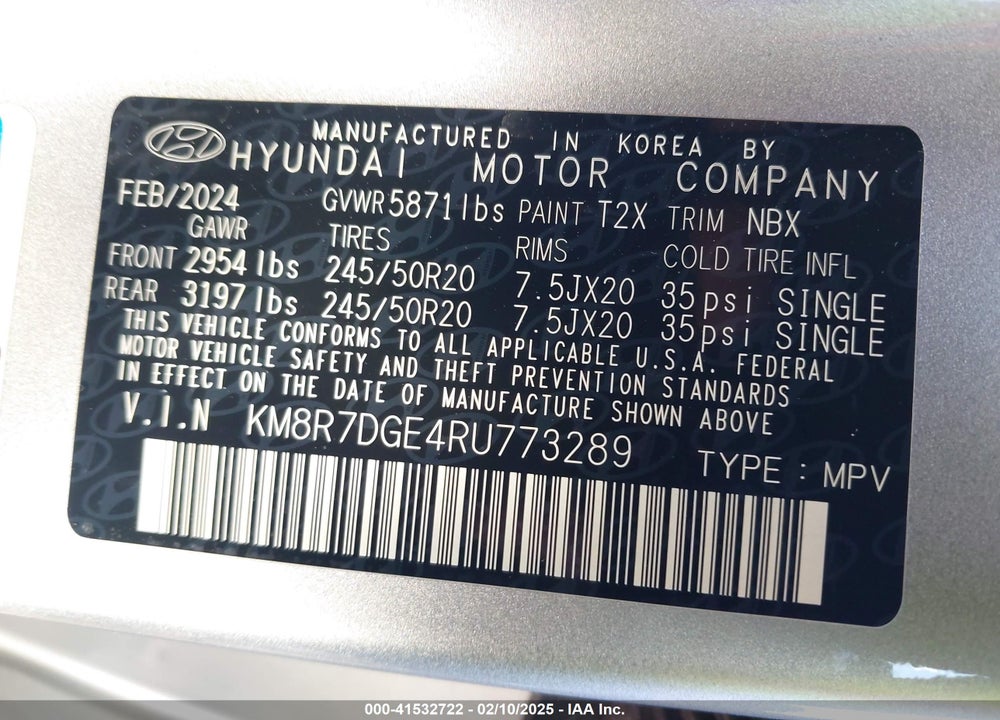 2024 HYUNDAI PALISADE VIN: KM8R7DGE4RU773289