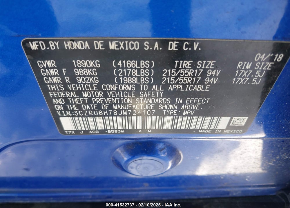 2018 HONDA HR-V VIN: 3CZRU6H78JM724107