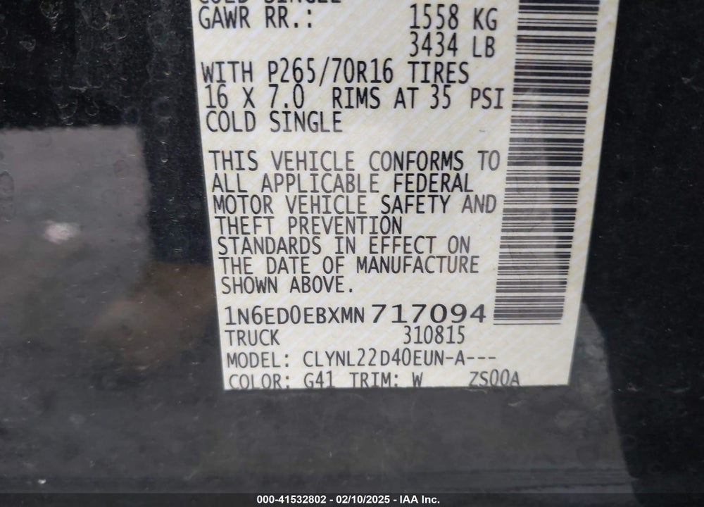 2021 NISSAN FRONTIER SV 4X4 VIN: 1N6ED0EBXMN717094