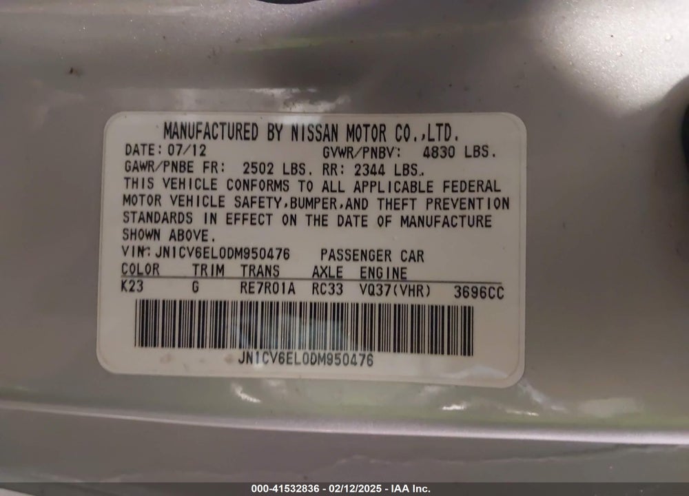 2013 INFINITI G37 VIN: JN1CV6EL0DM950476