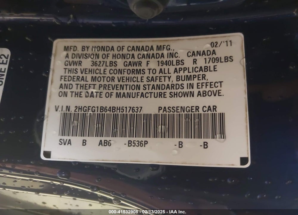 2011 HONDA CIVIC LX VIN: 2HGFG1B64BH517637