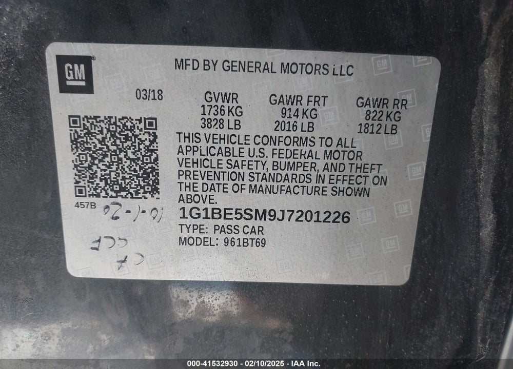 2018 CHEVROLET CRUZE VIN: 1G1BE5SM9J7201226