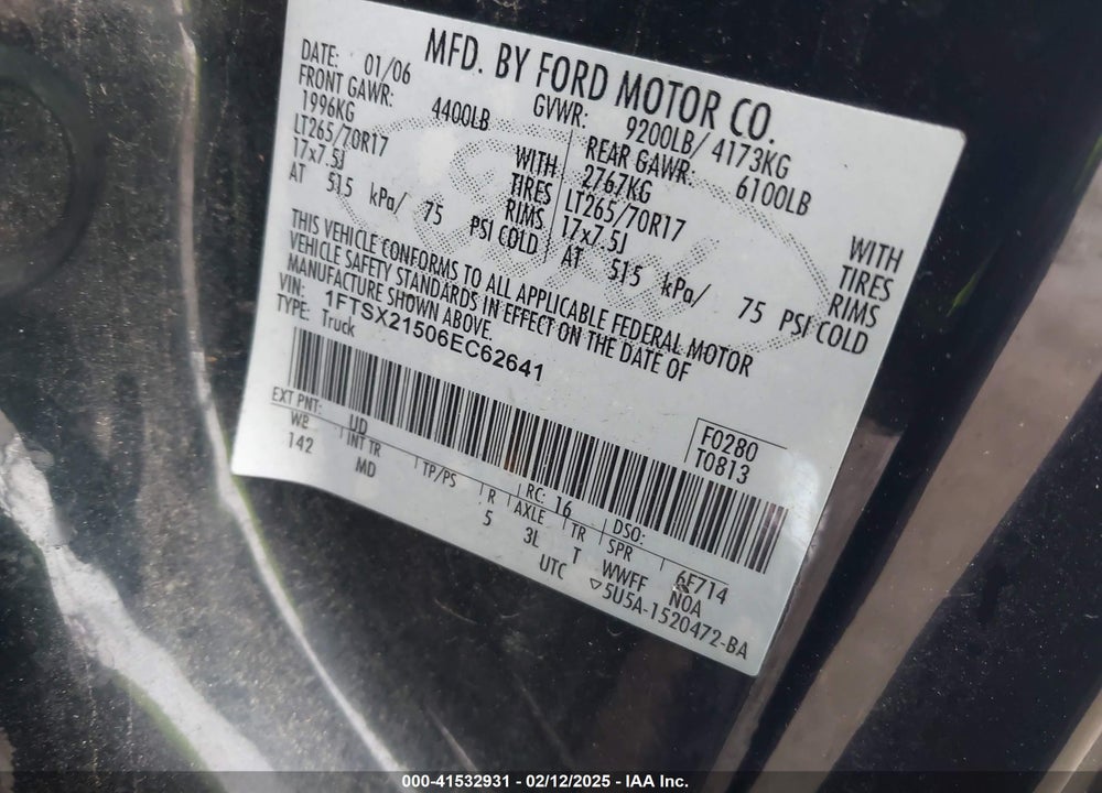 2006 FORD F-250 LARIAT/XL/XLT VIN: 1FTSX21506EC62641