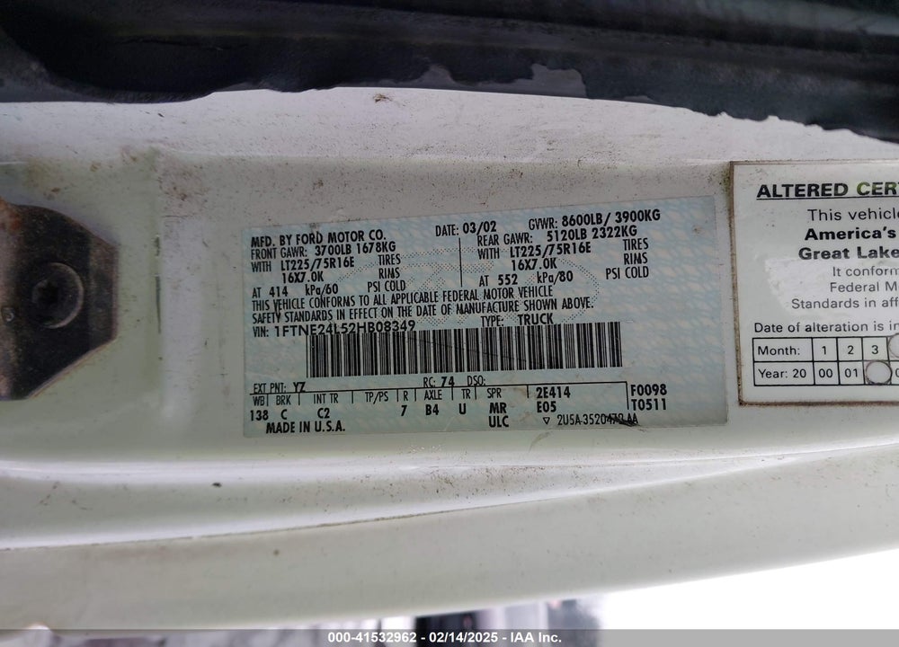2002 FORD E-250 VIN: 1FTNE24L52HB08349