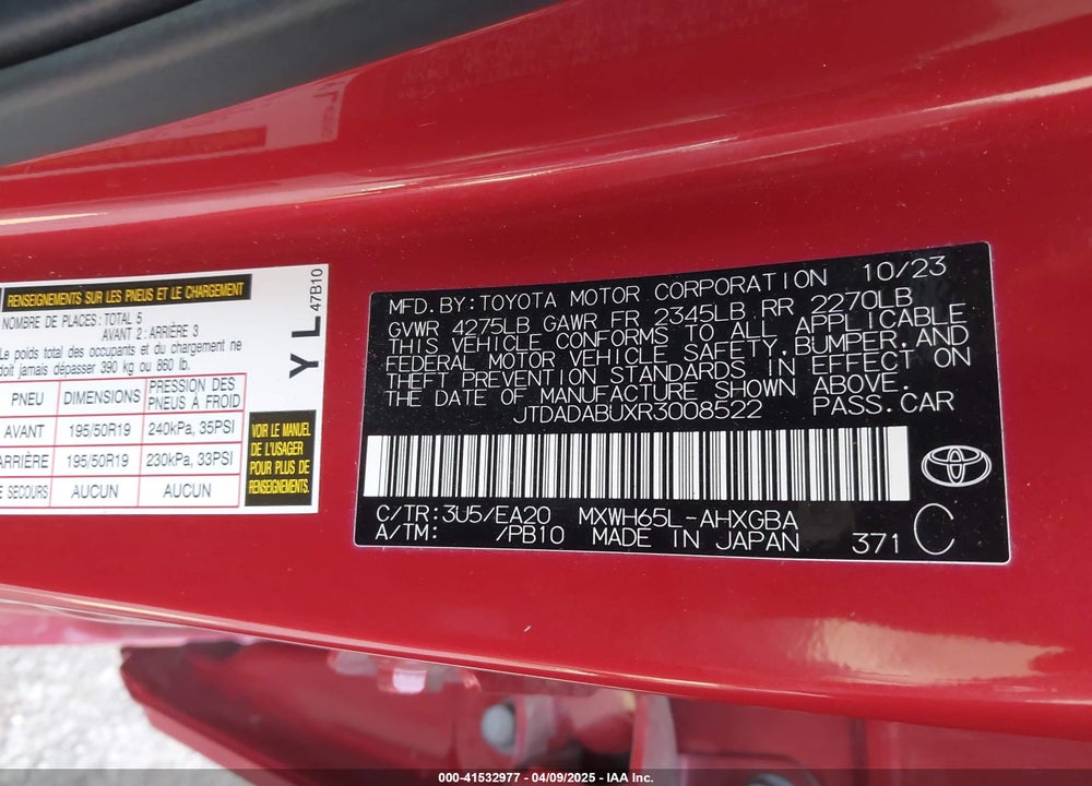 2024 TOYOTA PRIUS VIN: JTDADABUXR3008522