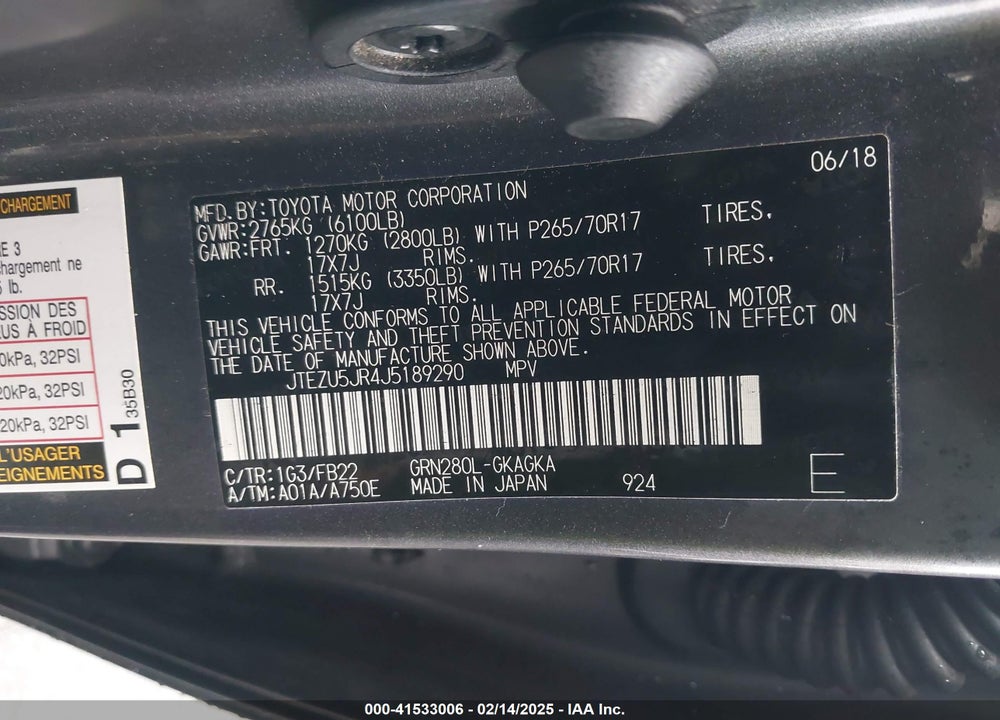 2018 TOYOTA 4RUNNER VIN: JTEZU5JR4J5189290