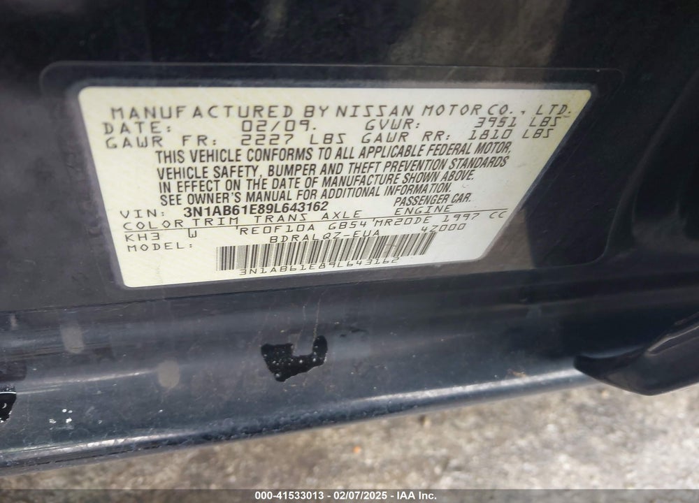 2009 NISSAN SENTRA VIN: 3N1AB61E89L643162