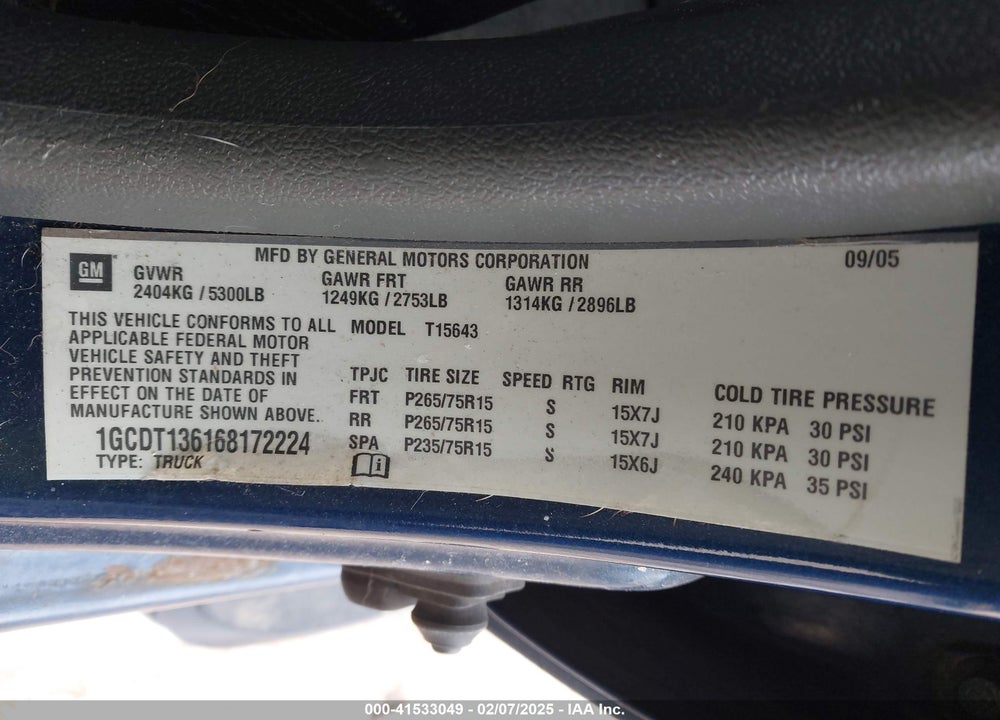 2006 CHEVROLET COLORADO VIN: 1GCDT136168172224