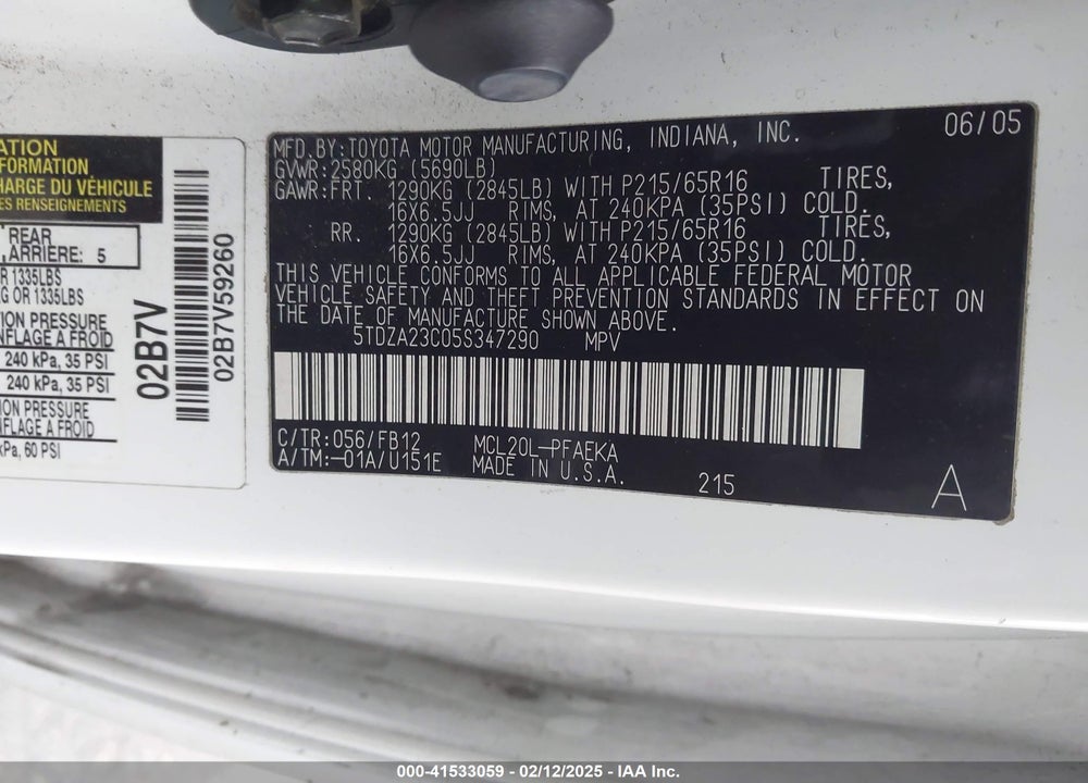 2005 TOYOTA SIENNA LE VIN: 5TDZA23C05S347290