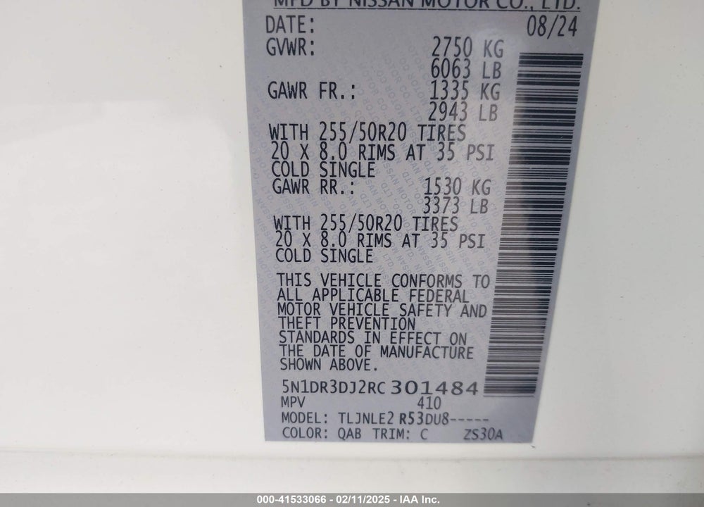 2024 NISSAN PATHFINDER PLATINUM 4WD VIN: 5N1DR3DJ2RC301484