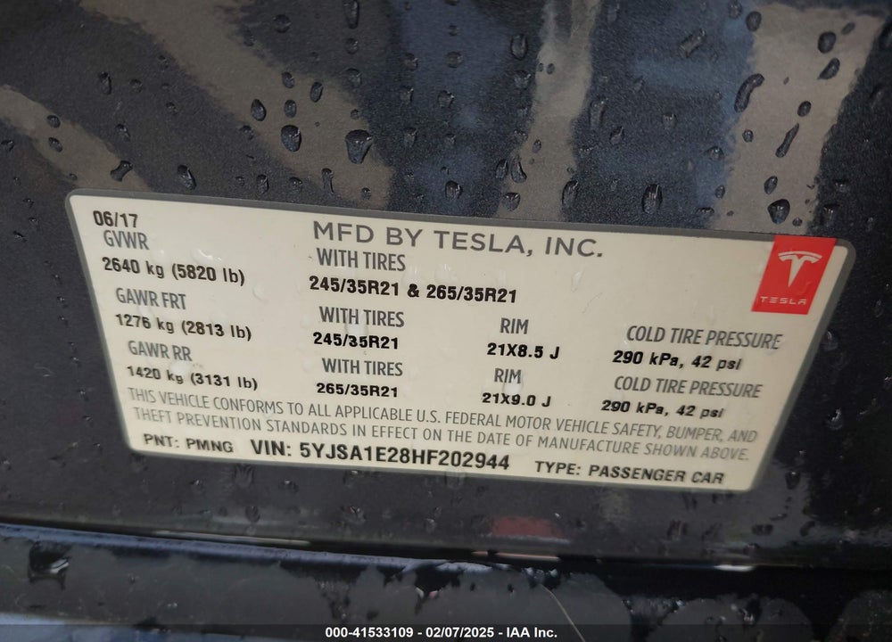 2017 TESLA MODEL S VIN: 5YJSA1E28HF202944