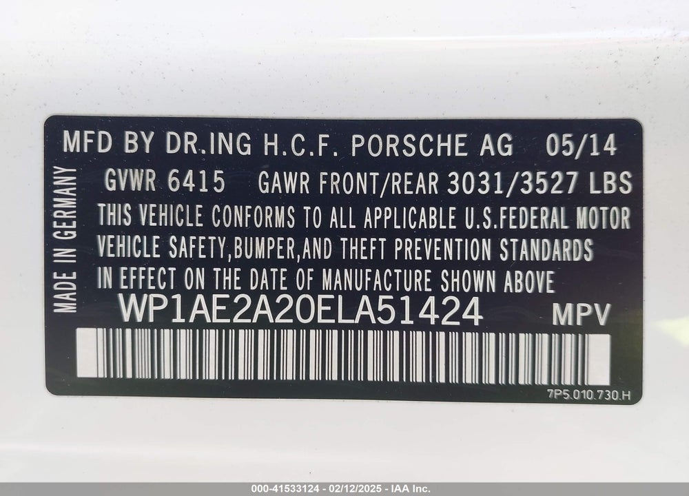 2014 PORSCHE CAYENNE HYBRID S VIN: WP1AE2A20ELA51424