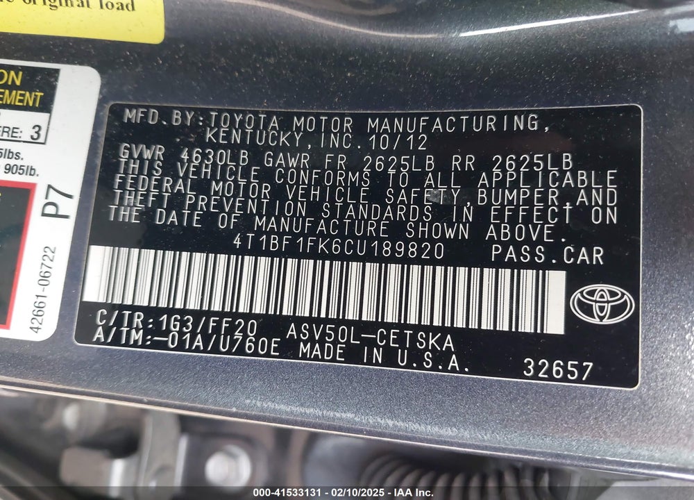 2012 TOYOTA CAMRY SE VIN: 4T1BF1FK6CU189820