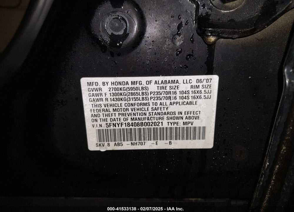 2008 HONDA PILOT EX VIN: 5FNYF18408B002021