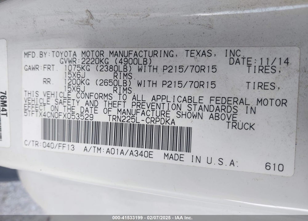 2015 TOYOTA TACOMA VIN: 5TFTX4CN0FX053529