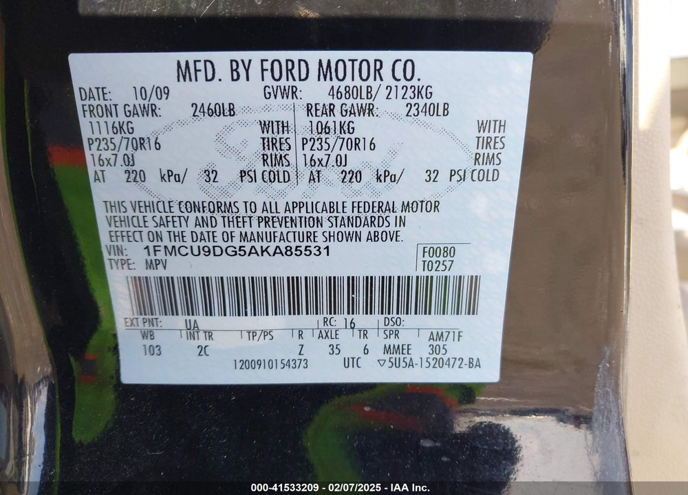 2010 FORD ESCAPE XLT VIN: 1FMCU9DG5AKA85531
