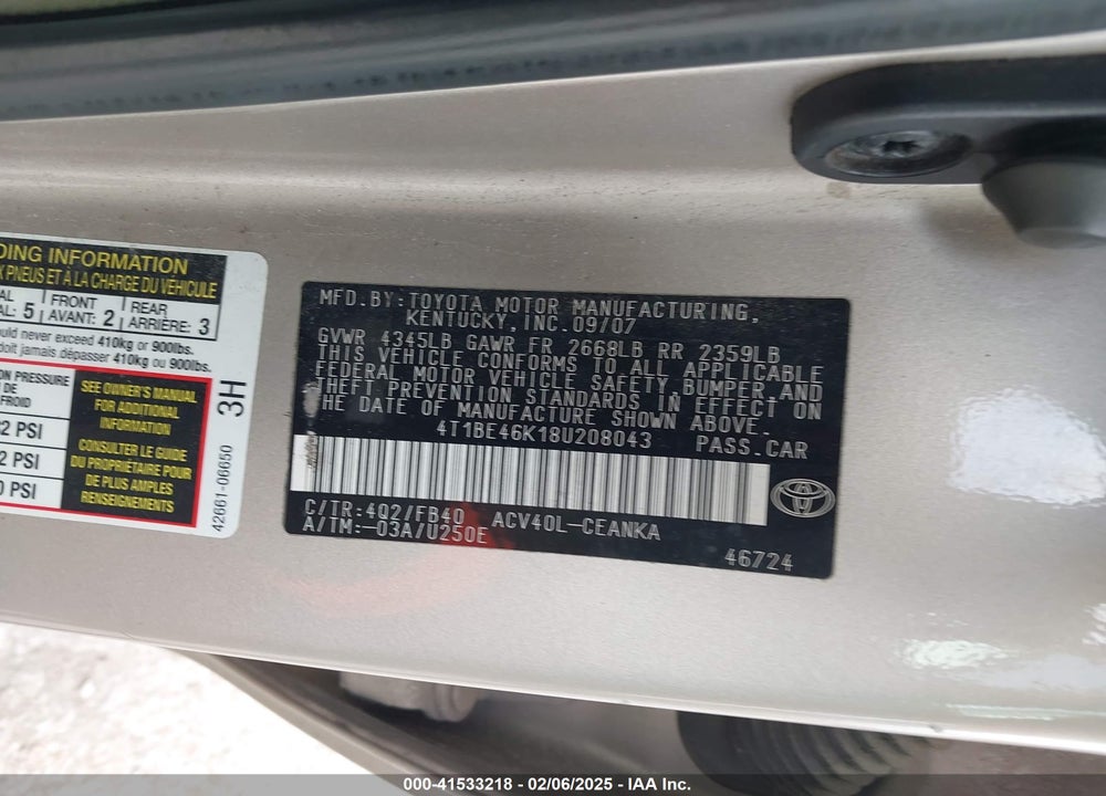 2008 TOYOTA CAMRY VIN: 4T1BE46K18U208043