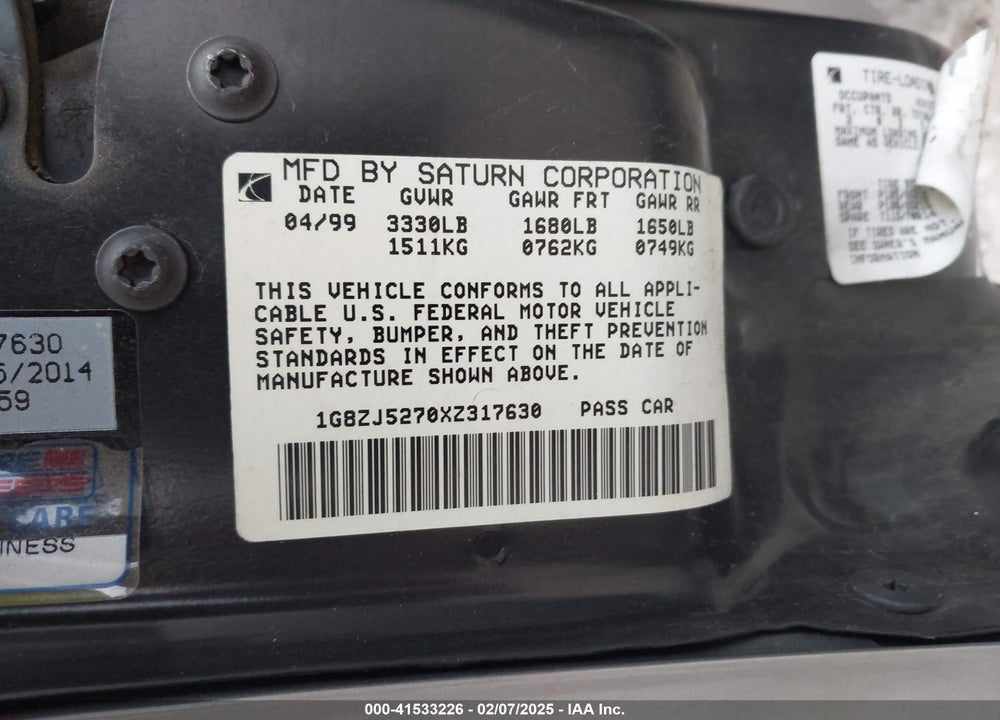 1999 SATURN SL BASE (M5) VIN: 1G8ZJ5270XZ317630