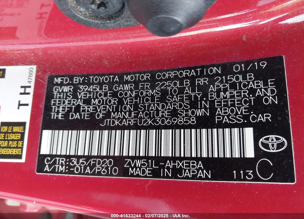 2019 TOYOTA PRIUS VIN: JTDKARFU2K3069858