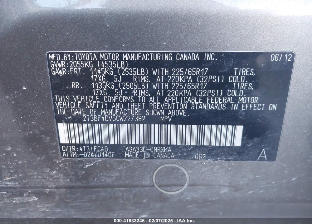 2012 TOYOTA RAV4 VIN: 2T3BF4DV5CW227382