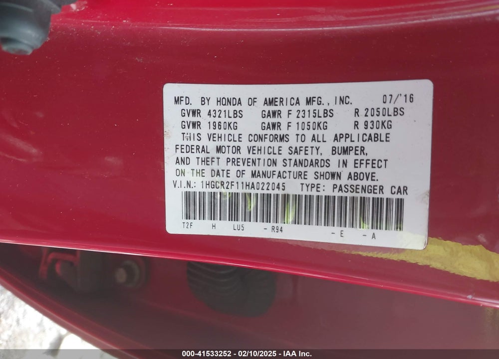 2017 HONDA ACCORD VIN: 1HGCR2F11HA022045