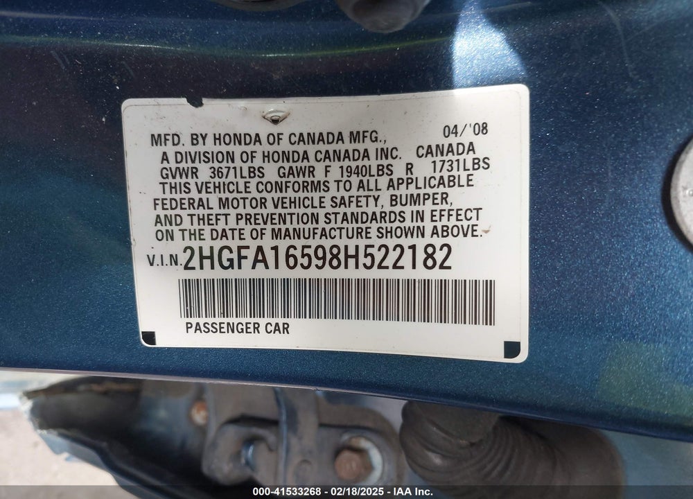 2008 HONDA CIVIC VIN: 2HGFA16598H522182