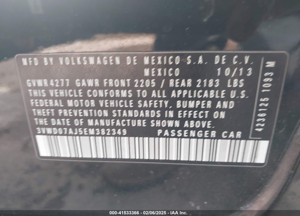 2014 VOLKSWAGEN JETTA VIN: 3VWD07AJ5EM382349