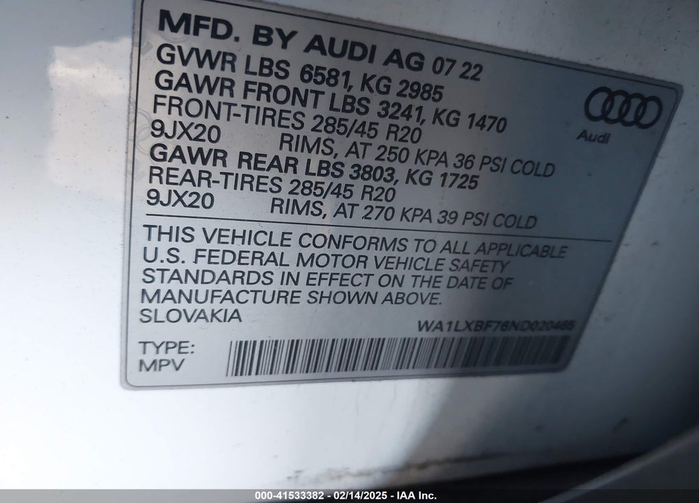 2022 AUDI Q7 PREMIUM PLUS 55 TFSI QUATTRO TIPTRONIC VIN: WA1LXBF76ND020465
