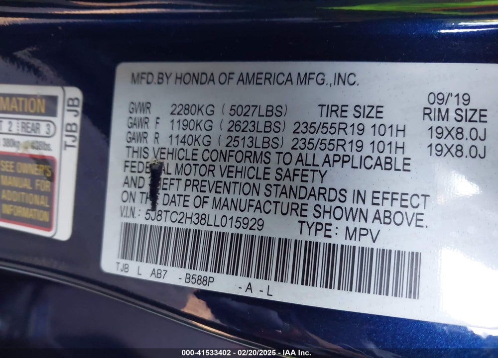 2020 ACURA RDX STANDARD VIN: 5J8TC2H38LL015929