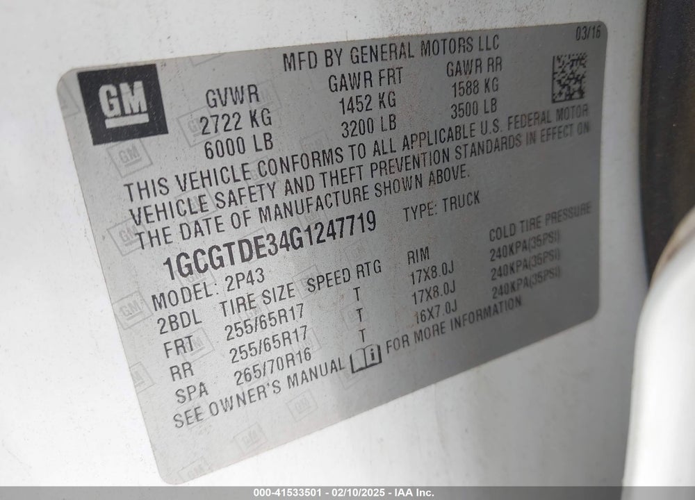 2016 CHEVROLET COLORADO VIN: 1GCGTDE34G1247719