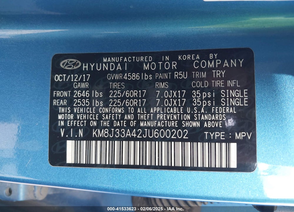 2018 HYUNDAI TUCSON VIN: KM8J33A42JU600202
