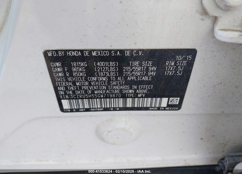 2016 HONDA HR-V VIN: 3CZRU5H55GM719870