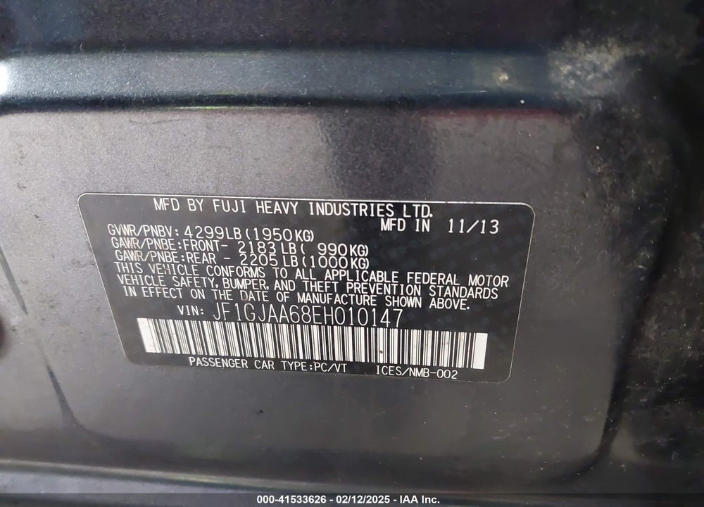 2014 SUBARU IMPREZA 2.0I VIN: JF1GJAA68EH010147