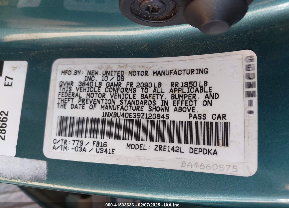 2009 TOYOTA COROLLA VIN: 1NXBU40E39Z120845
